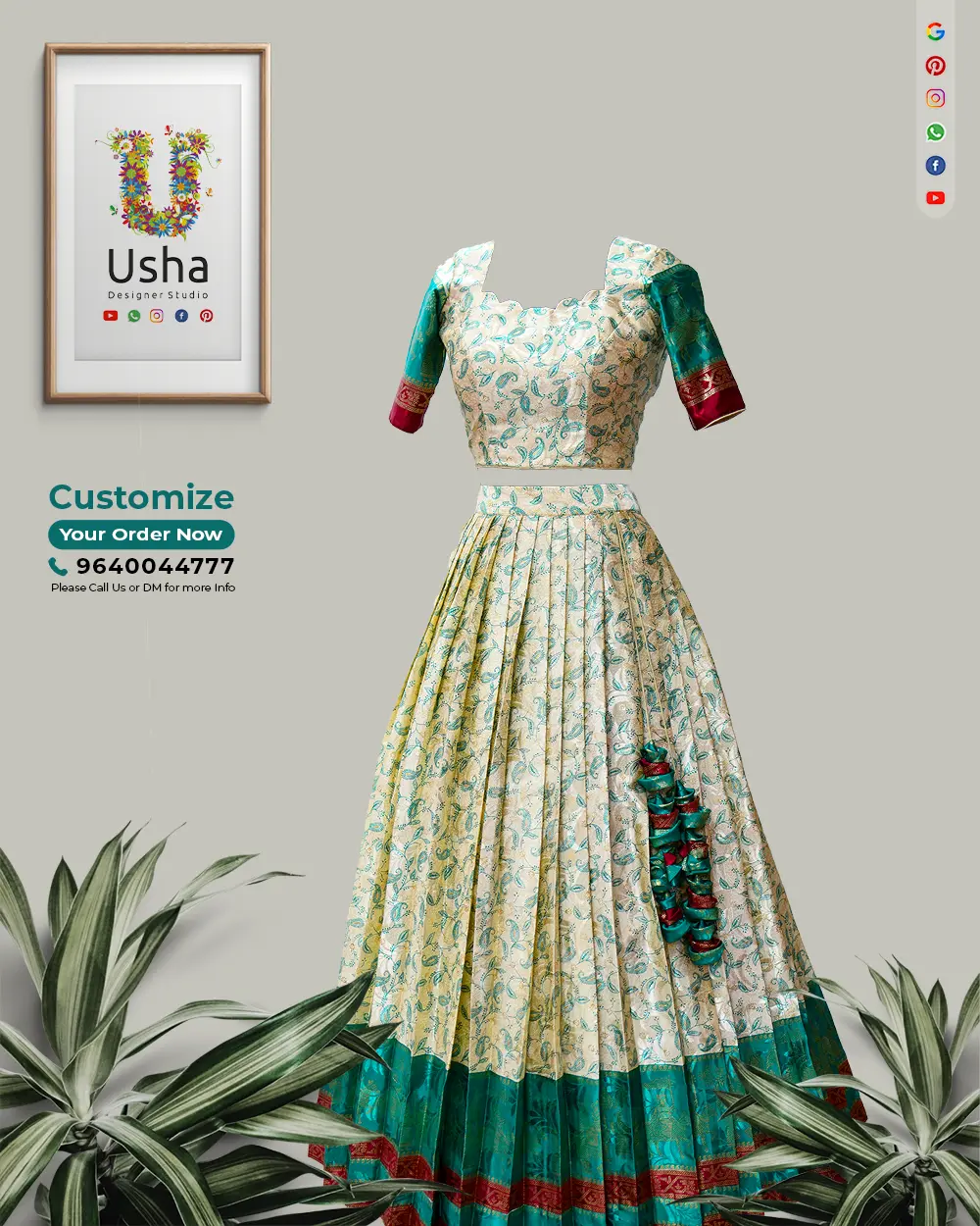 Saree Up-Cycled to Crop Top Lehenga – Custom Tailor-Made Outfits by Usha Designer Studio, Vijayawada Ivory teal Up-Cycled saree crop top lehenga with paisley woven pattern, scalloped neckline, handcrafted latkans, and elbow sleeves, designed by Usha Designer Studio.