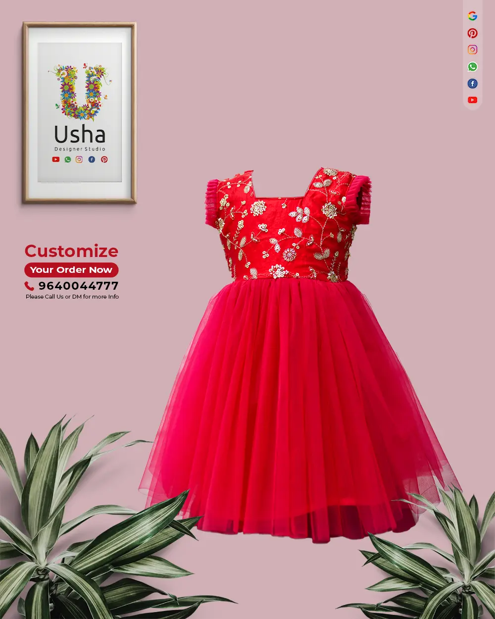 Designer ruby pink kids frock with embellished yoke and softnet layered skirt by Usha Designer Studio Vijayawada