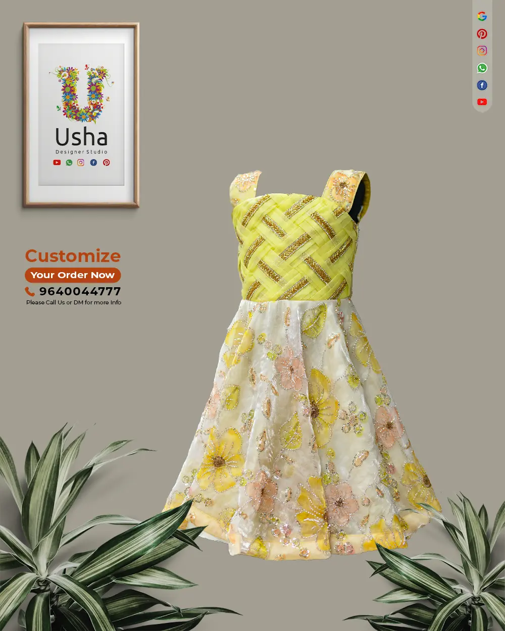 Mom and daughter combo outfits with yellow designer yokes, floral bead and sequin embellishments—long frock for mom and skirt for daughter by Usha Designer Studio, Vijayawada.