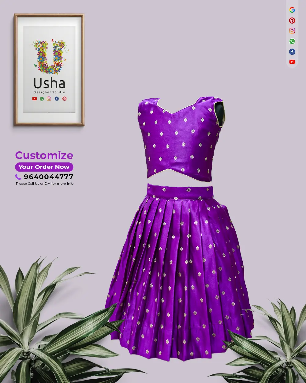 Kids tailor-made pure Banaras pattu frock, royal purple crop top lehenga with diamond neck, 1-inch pleat skirt, sleeveless, Usha Designer Studio Vijayawada