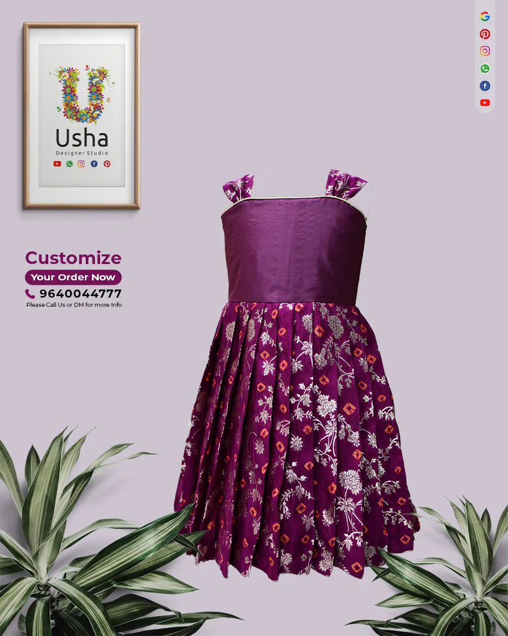 Purple silk kids frock with white gold floral weaves and geometric patterns by Usha Designer Studio Vijayawada