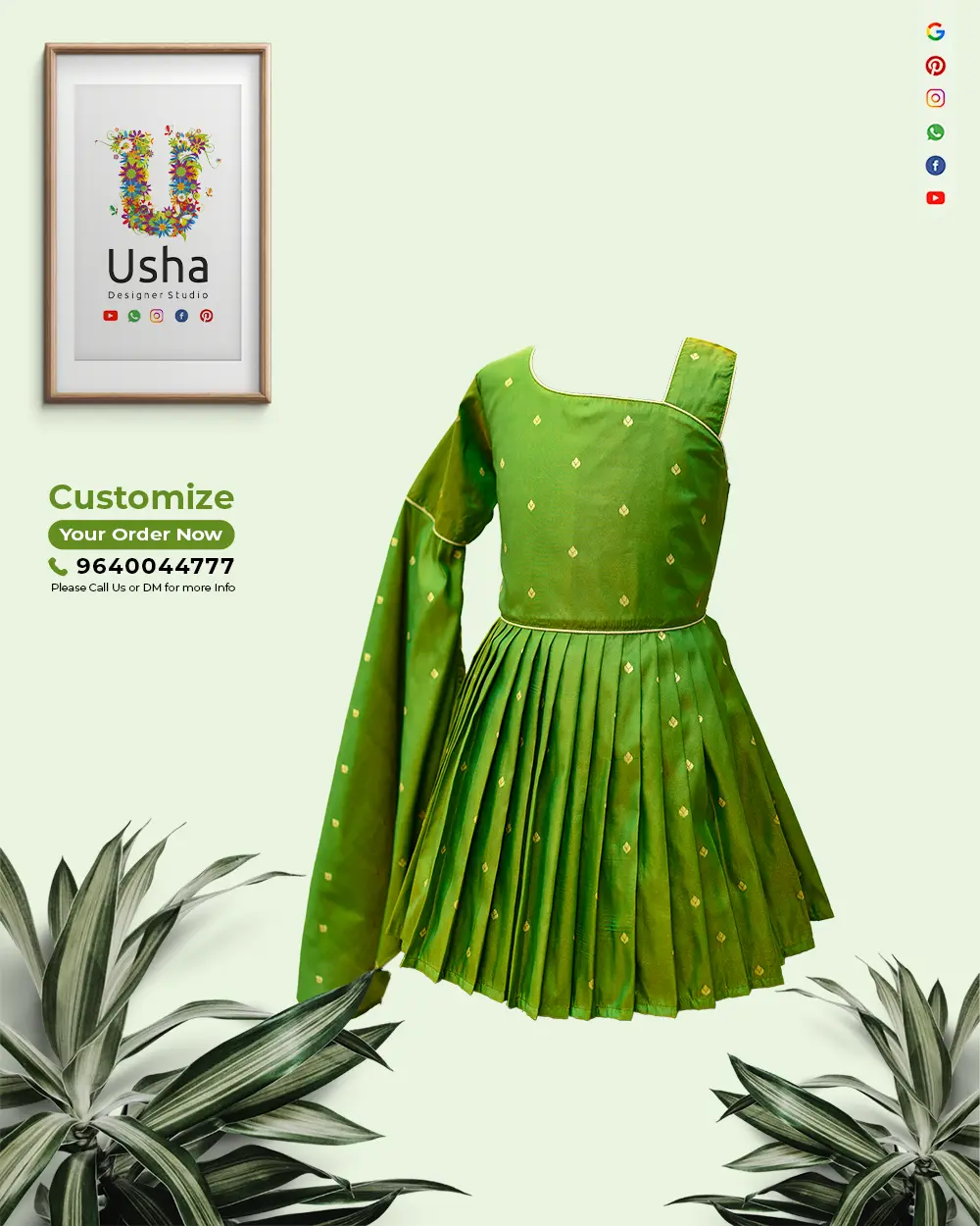 Green pure Banaras fabric kids frock with gold diamond motifs, one-shoulder design, pleated skirt and coordinated drape by Usha Designer Studio