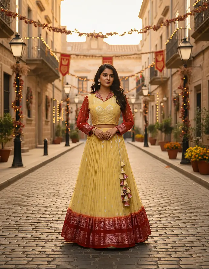 Saree to Designer Croptop Lehenga – Yellow and maroon pure pattu fabric, Chelsea neck choli blouse, bracelet sleeves, 1-inch pleated skirt, handcrafted heavy latkans, Usha Designer Studio Vijayawada.