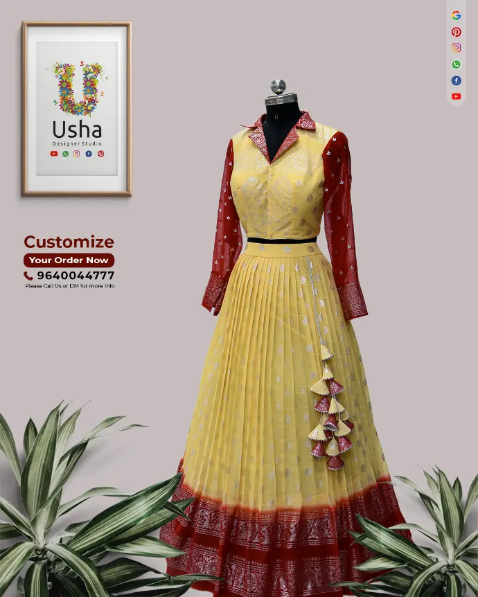 Saree to Designer Croptop Lehenga – Yellow and maroon pure pattu fabric, Chelsea neck choli blouse, bracelet sleeves, 1-inch pleated skirt, handcrafted heavy latkans, Usha Designer Studio Vijayawada.