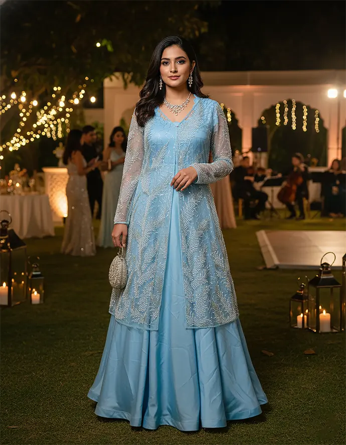 Tailor-Made Long Frock with Scalloped Neckline & Bracelet Sleeve Overcoat – Usha Designer Studio, Vijayawada