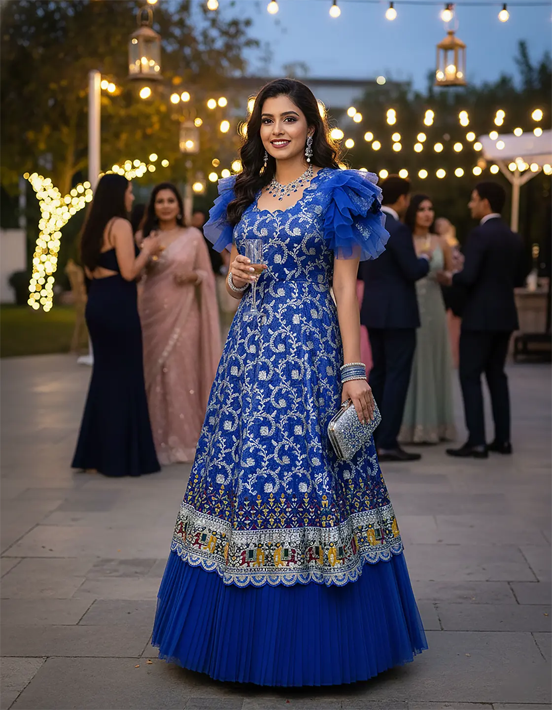 Tailor-made blue Dola silk long frock with scalloped U-neck, soft net ruffle sleeves, and intricate border embroidery by Usha Designer Studio, Vijayawada