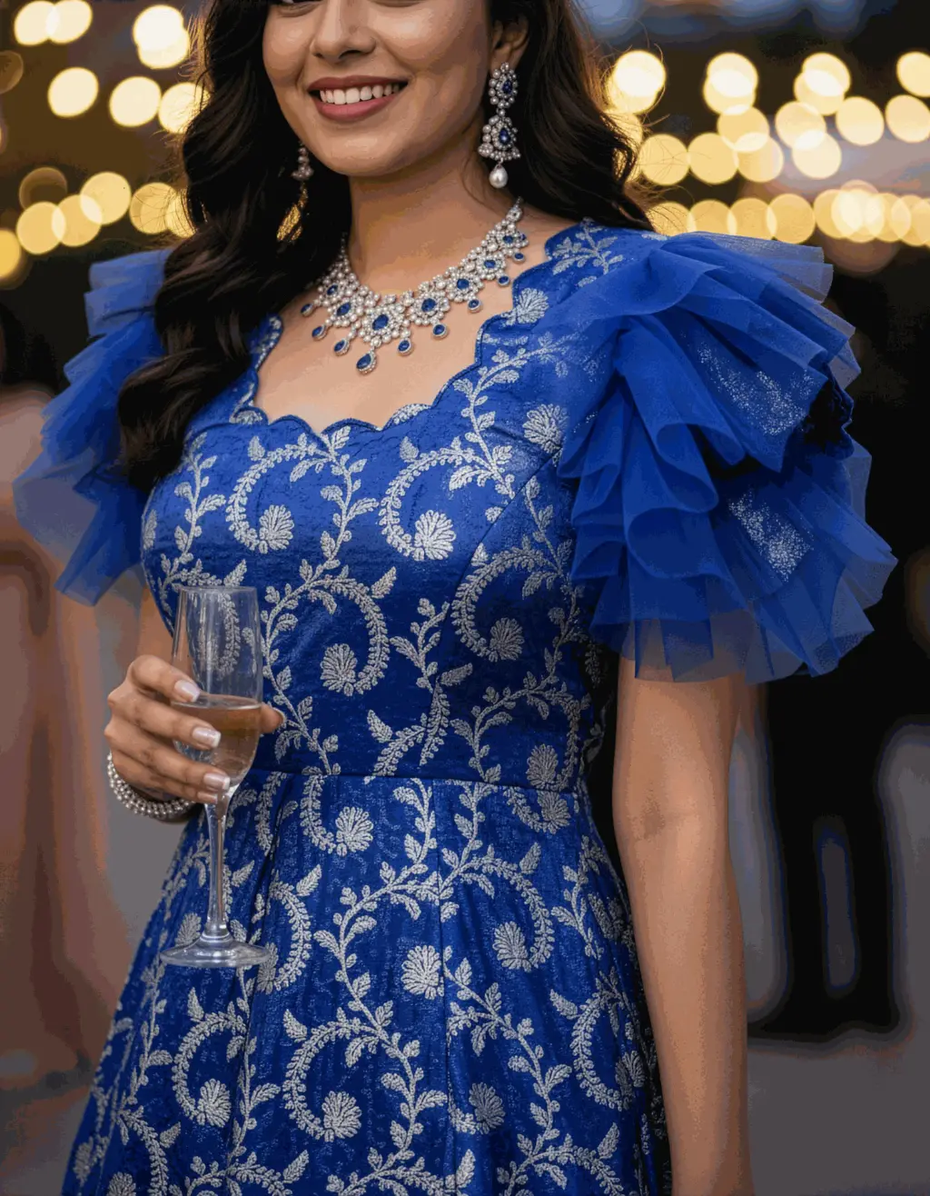 Custom Blue Dola Silk Long Frock with Ruffle Sleeves | Usha Designer Studio Vijayawada