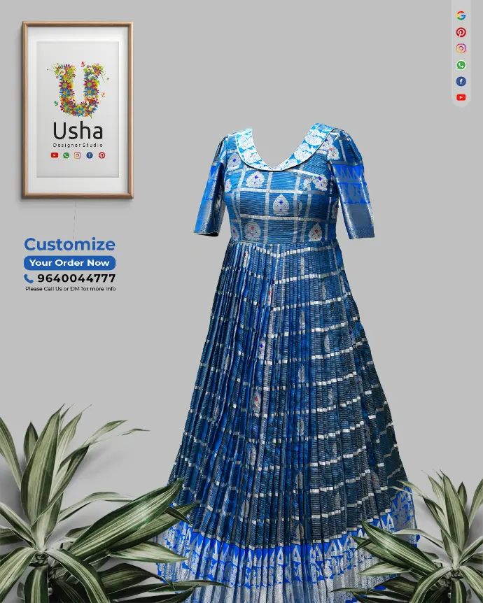Tailor-Made blue long frock with collar neck, designer yoke, elbow sleeves, and fine pleats, up-cycled from an heirloom saree by Usha Designer Studio Vijayawada.
