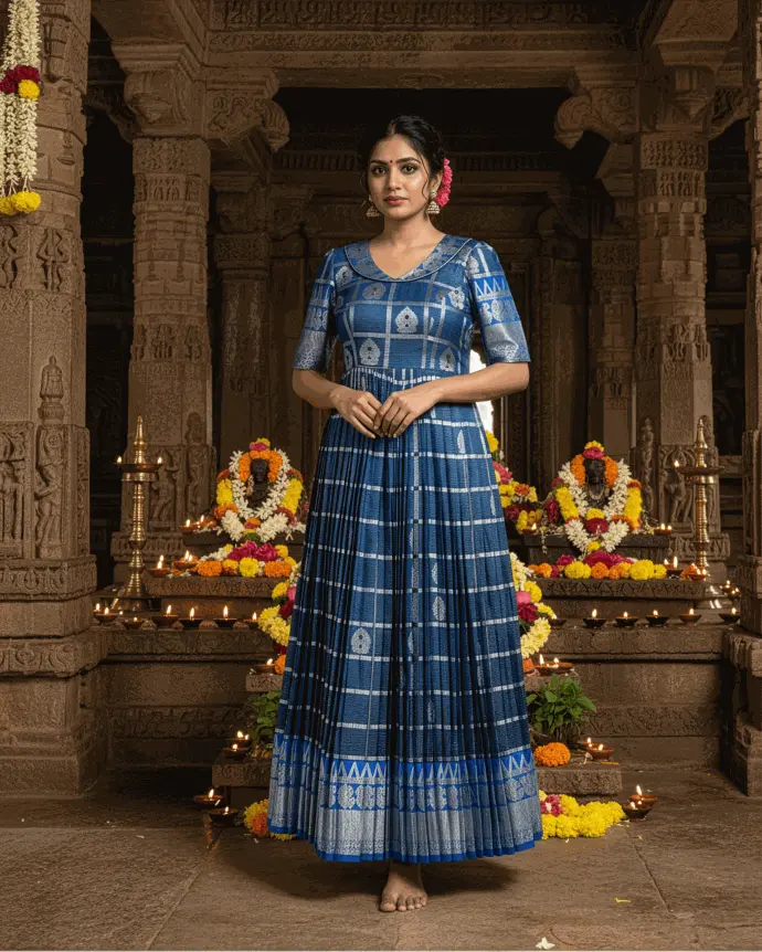 Tailor-Made blue long frock with collar neck, designer yoke, elbow sleeves, and fine pleats, up-cycled from an heirloom saree by Usha Designer Studio Vijayawada.