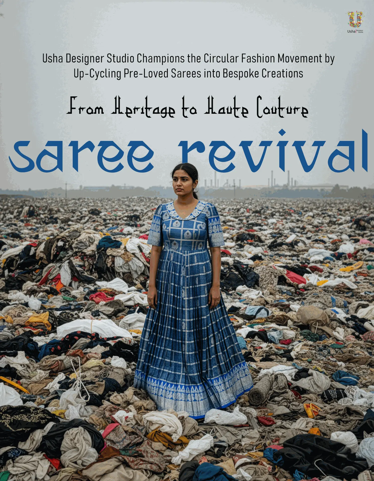 Tailor-Made blue long frock with collar neck, designer yoke, elbow sleeves, and fine pleats, up-cycled from an heirloom saree by Usha Designer Studio Vijayawada.