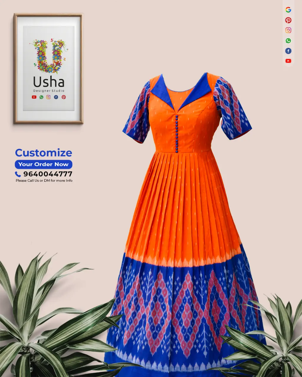 Bespoke long frock crafted from orange and blue Pochampalli saree with designer yoke, collar neck, elbow sleeves, and pleated skirt by Usha Designer Studio Vijayawada.