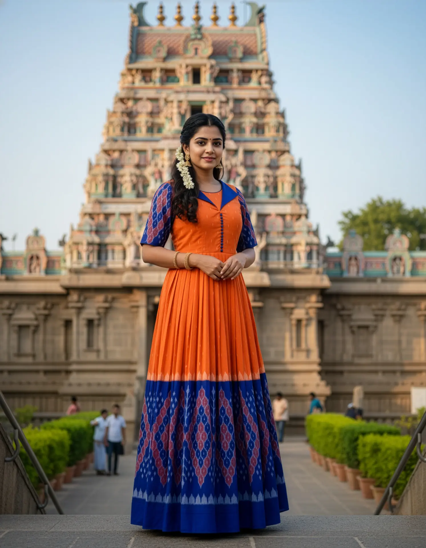 Bespoke long frock crafted from orange and blue Pochampalli saree with designer yoke, collar neck, elbow sleeves, and pleated skirt by Usha Designer Studio Vijayawada.