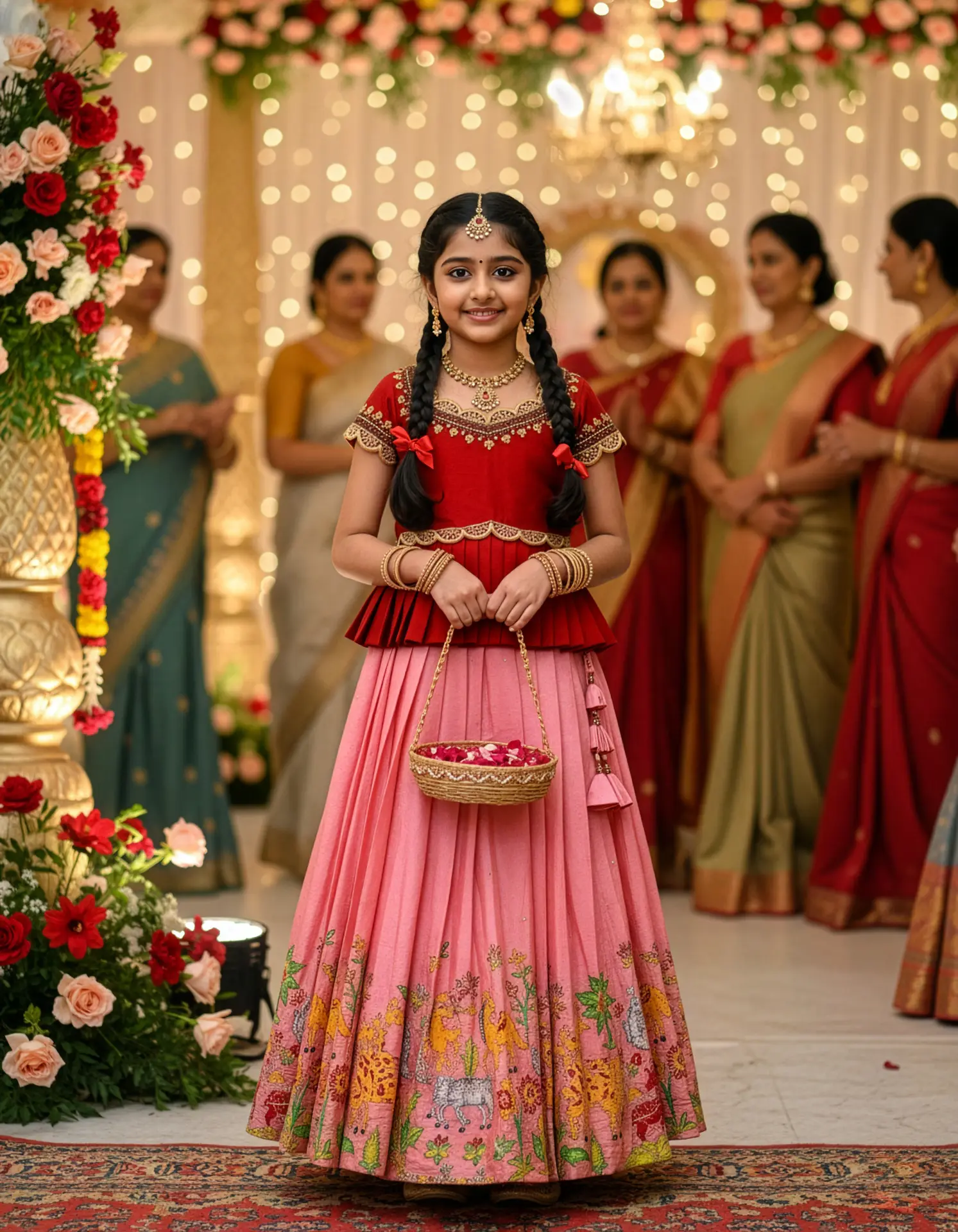 Kids tailor-made peplum crop top blouse with scalloped U-neck and intricate Aari embroidery paired with pink jungle-themed hand-painted lehenga with sequins