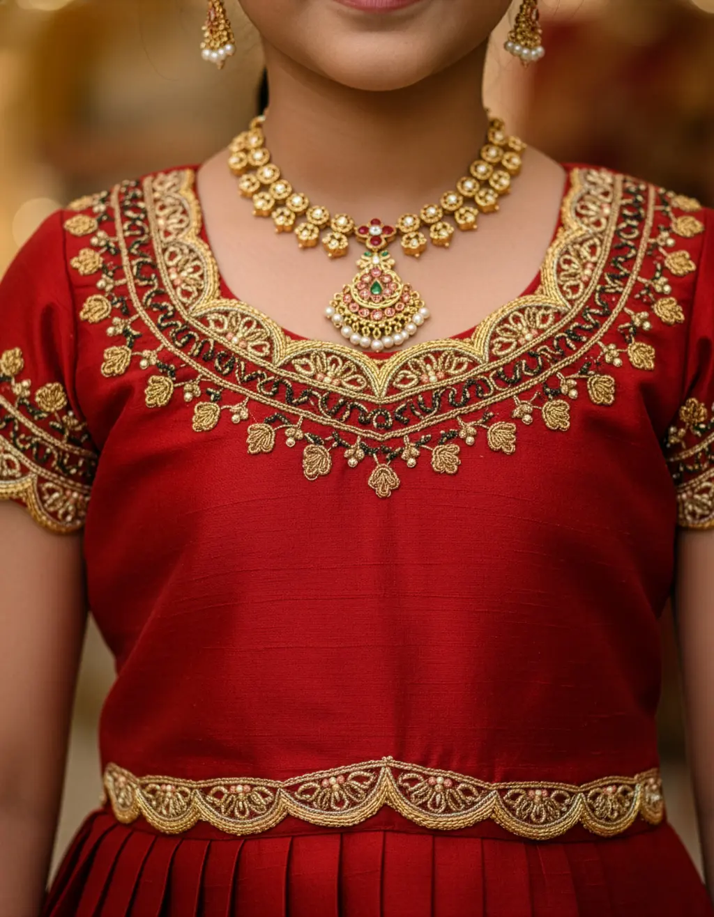 Kids tailor-made peplum crop top blouse with scalloped U-neck and intricate Aari embroidery paired with pink jungle-themed hand-painted lehenga with sequins