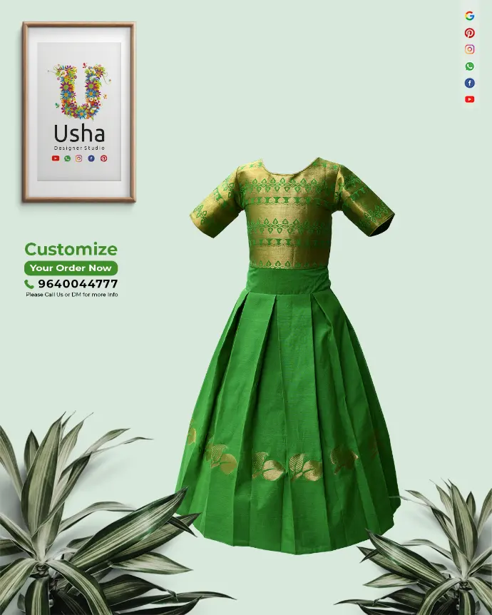 Green pattu kids frock with boat neckline, long sleeves, box pleats, and gold detailing, tailor-made by Usha Designer Studio, Vijayawada.