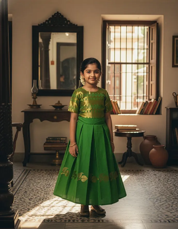 Green pattu kids frock with boat neckline, long sleeves, box pleats, and gold detailing, tailor-made by Usha Designer Studio, Vijayawada.