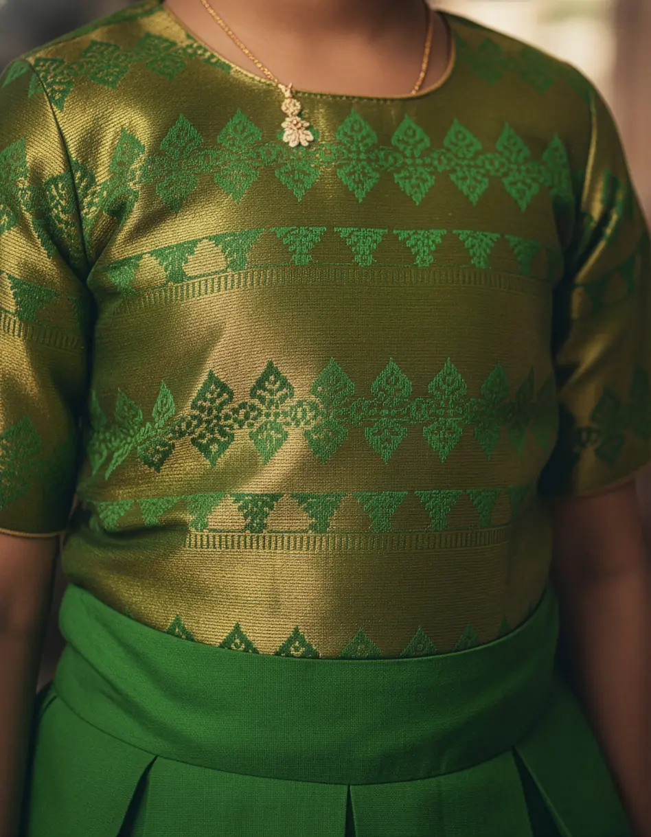 Green pattu kids frock with boat neckline, long sleeves, box pleats, and gold detailing, tailor-made by Usha Designer Studio, Vijayawada.