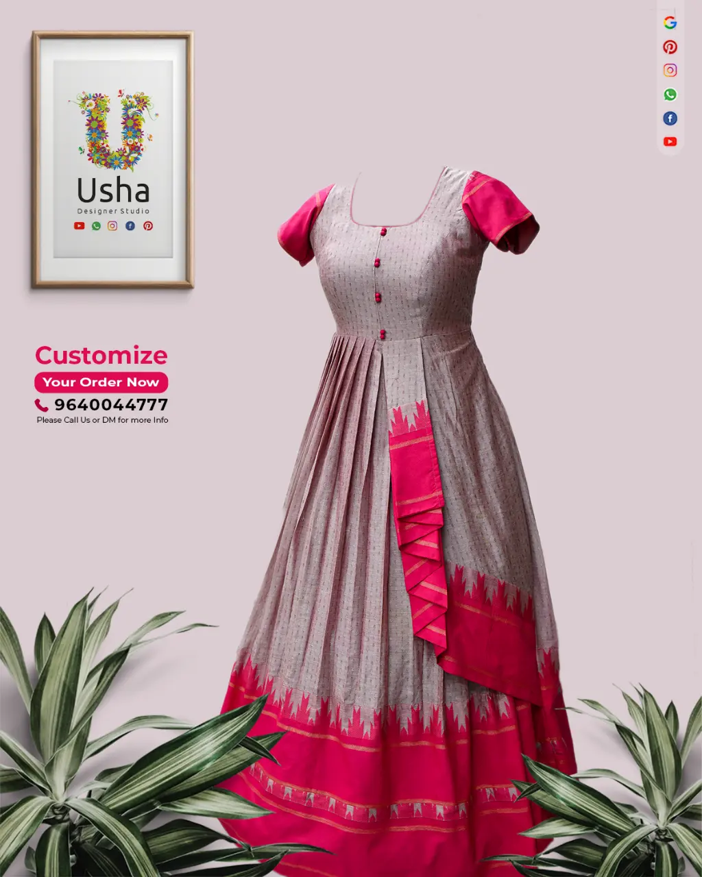 Tailor-made long frock created from heirloom saree with U-neck, potli buttons, short sleeves, pleated kuchu-style 1-inch pleats, in pink and grey by Usha Designer Studio, Vijayawada.