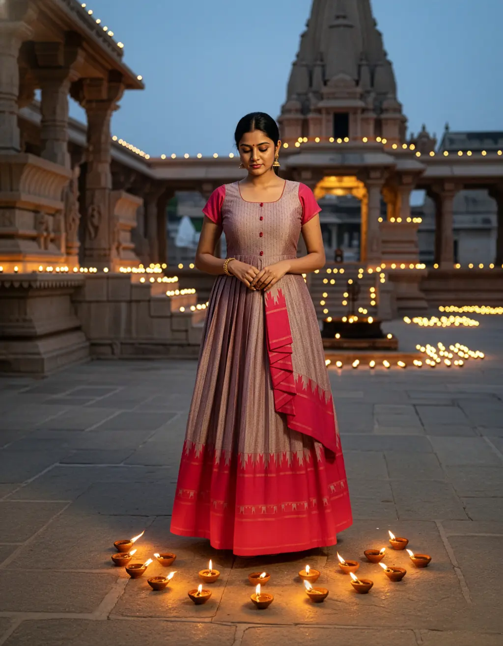 Tailor-made long frock created from heirloom saree with U-neck, potli buttons, short sleeves, pleated kuchu-style 1-inch pleats, in pink and grey by Usha Designer Studio, Vijayawada.
