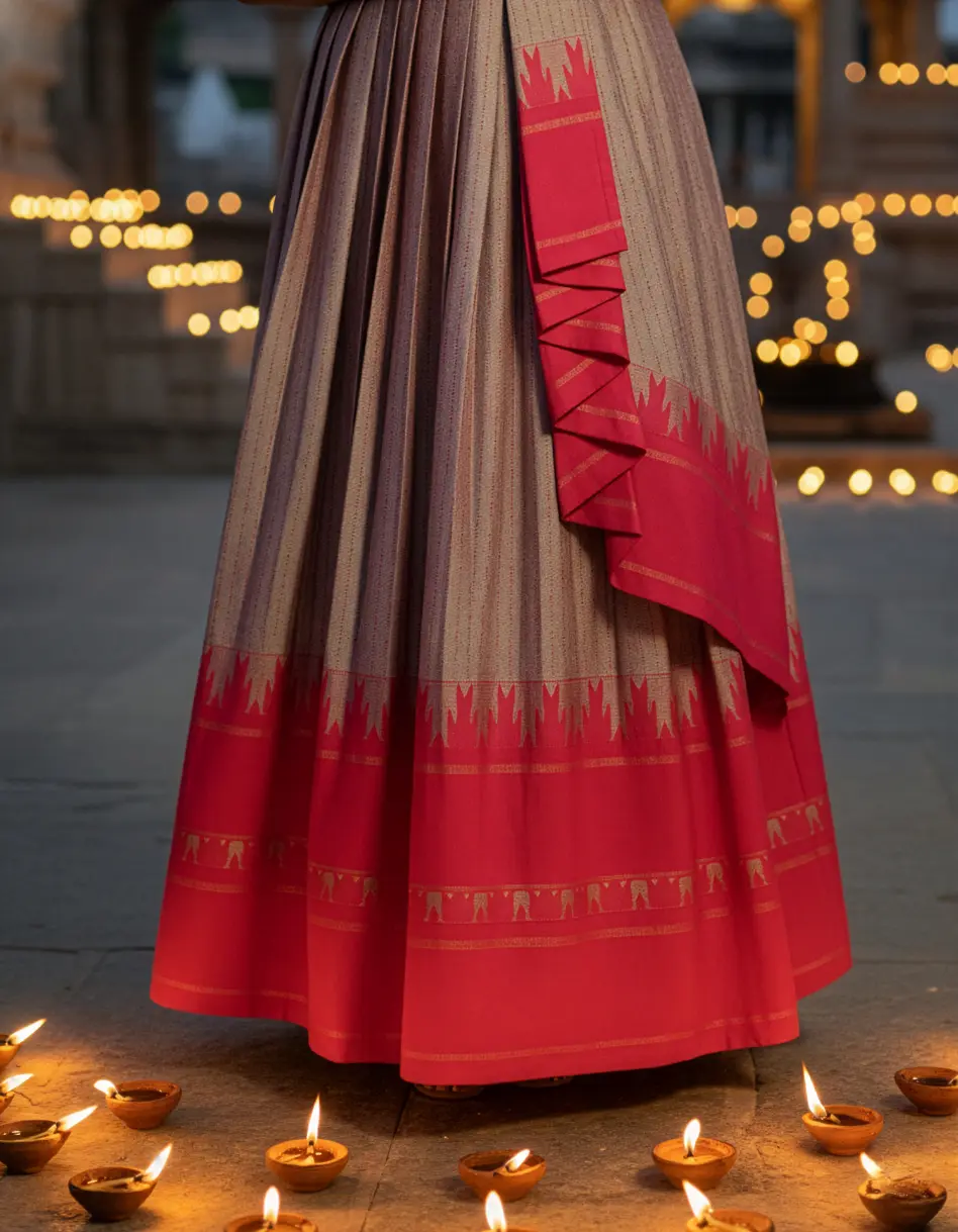 Tailor-made long frock created from heirloom saree with U-neck, potli buttons, short sleeves, pleated kuchu-style 1-inch pleats, in pink and grey by Usha Designer Studio, Vijayawada.