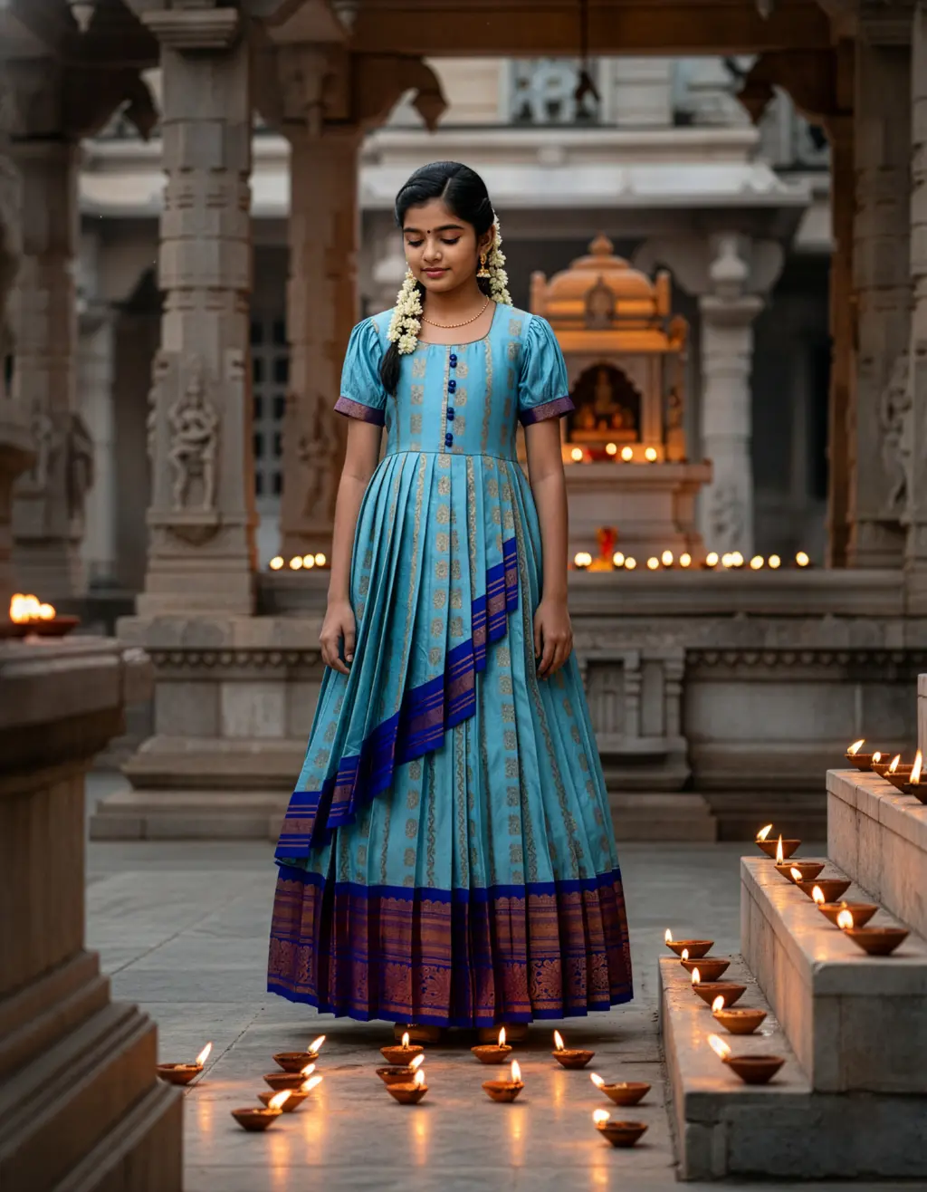 Pure Pattu Saree upcycled into designer kids long frock with U-neck, pleated balloon sleeves, and generous layered pleats in vivid blue and gold silk.