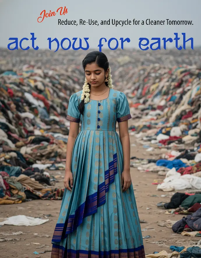 Pure Pattu Saree upcycled into designer kids long frock with U-neck, pleated balloon sleeves, and generous layered pleats in vivid blue and gold silk.