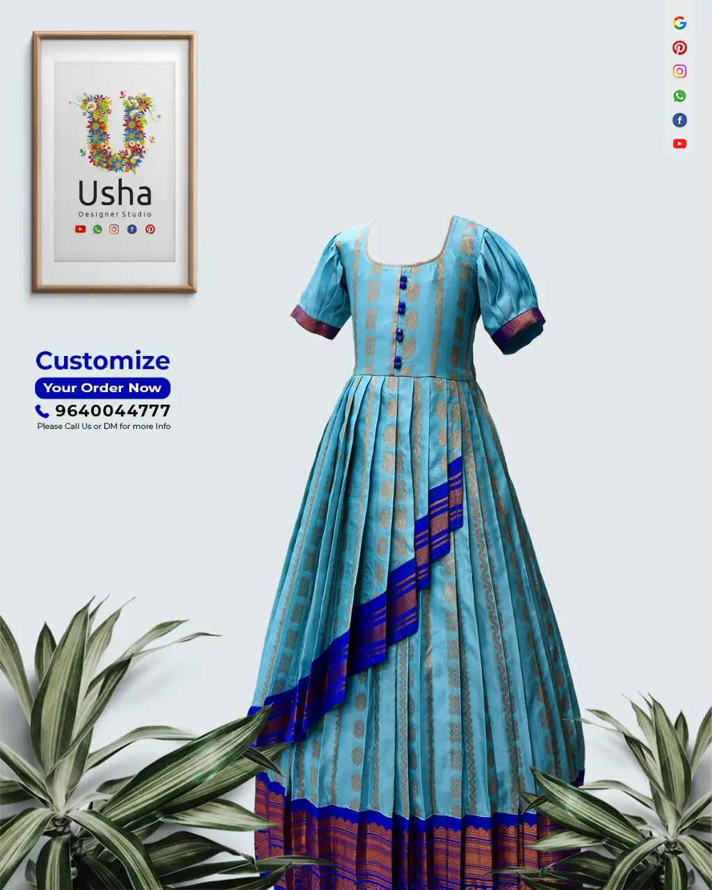 Upcycled Pattu Saree Kids Long Frock | Usha Designer Studio Vijayawada Pure Pattu Saree upcycled into designer kids long frock with U-neck, pleated balloon sleeves, and generous layered pleats in vivid blue and gold silk.