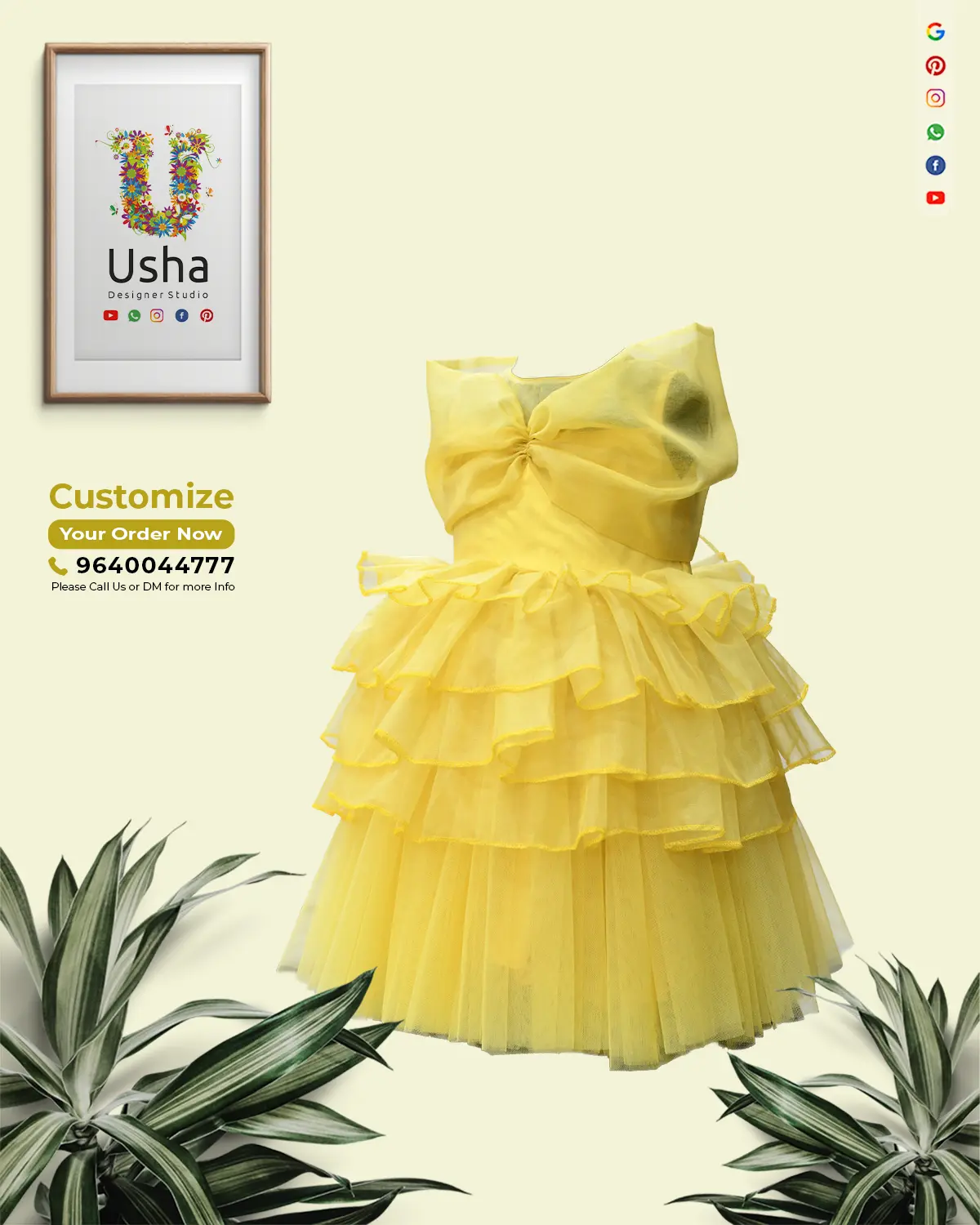 Custom-stitched kids yellow ruffle frock in organza with tiered layers and bow, Usha Designer Studio Vijayawada