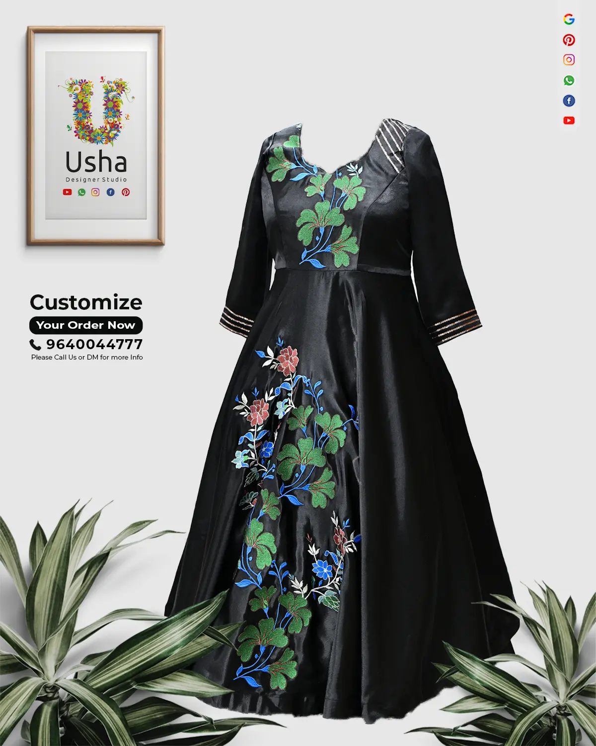 Tailor-Made Long Frock with Floral Computer Embroidery | Usha Designer Studio Vijayawada Tailor-made ankle-length black satin frock with vibrant floral computer embroidery, heart neckline, and sequin-embellished bracelet sleeves by Usha Designer Studio, Vijayawada
