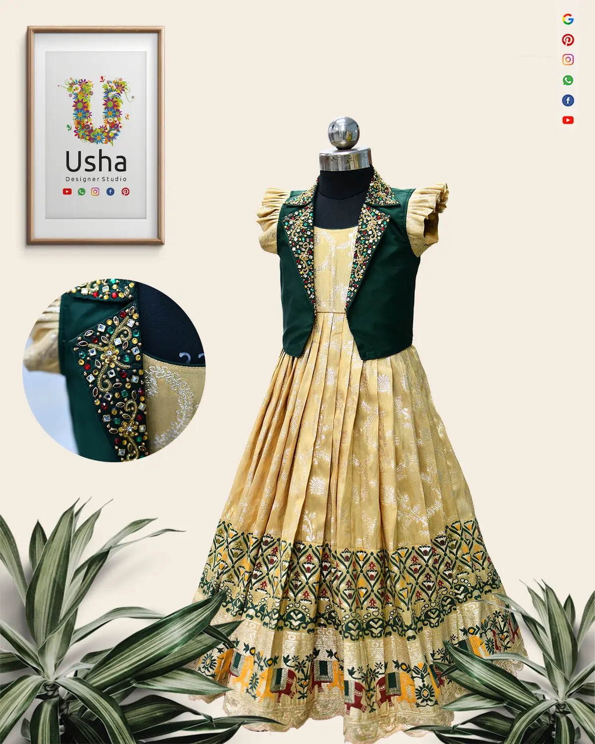 Kids long frock with green Aari work Chelsea neck overcoat and golden U-neck pleated sleeve dress, handcrafted by Usha Designer Studio, Vijayawada.