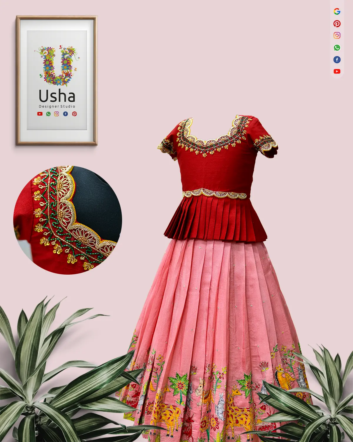 Kids tailor-made peplum crop top blouse with scalloped U-neck and intricate Aari embroidery paired with pink jungle-themed hand-painted lehenga with sequins