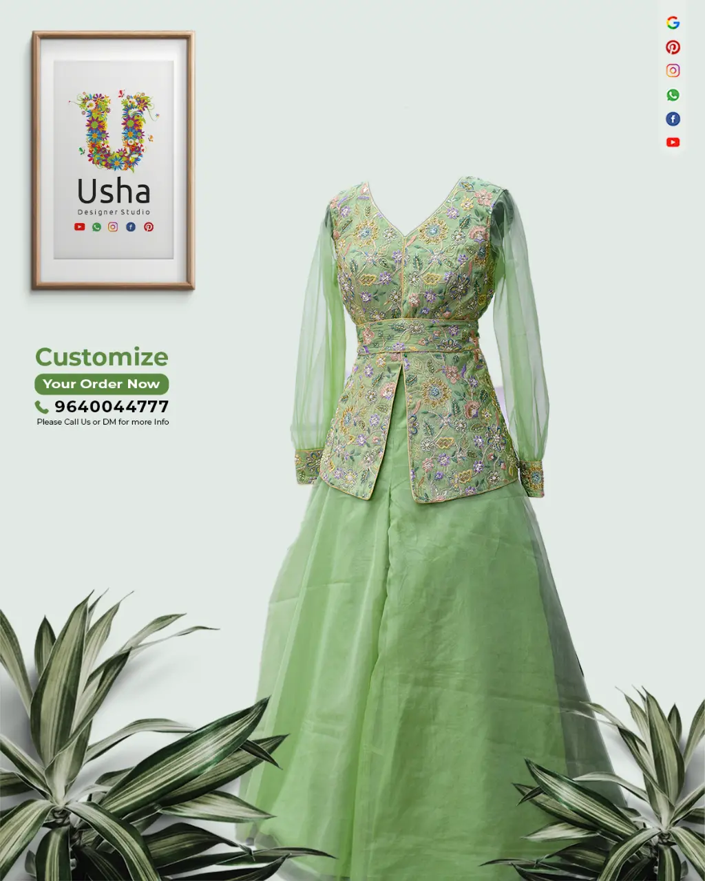Tailor-Made Pista Green Peplum Crop Top Lehenga | Custom Embroidered Choli & Organza Lehenga | Usha Designer Studio Vijayawada Tailor-made pista green peplum crop top lehenga set with embroidered V-neck choli, sequin and beads, bracelet sheer sleeves, and flowy organza skirt—custom stitched by Usha Designer Studio, Vijayawada.