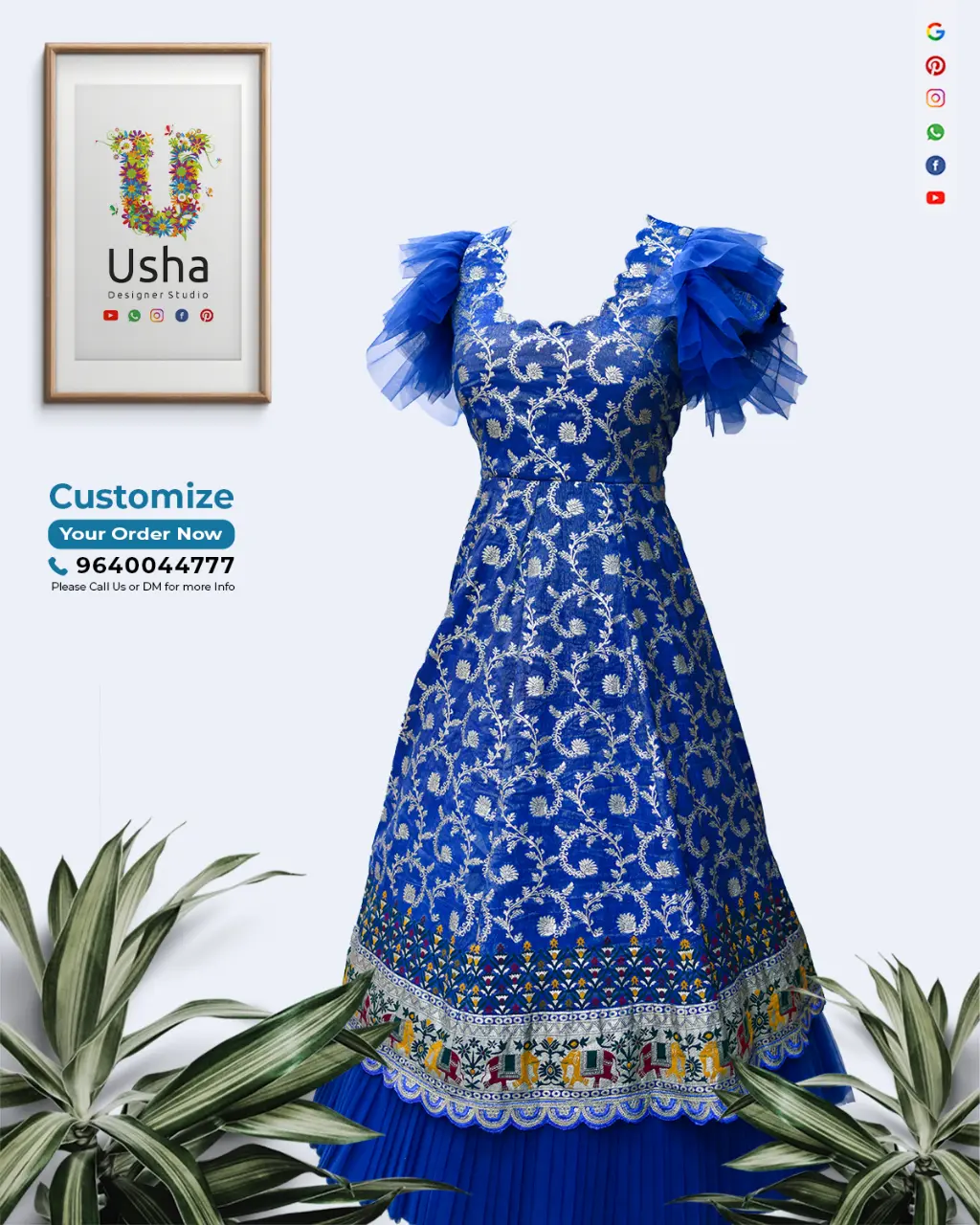Custom Blue Dola Silk Long Frock with Ruffle Sleeves | Usha Designer Studio Vijayawada Tailor-made blue Dola silk long frock with scalloped U-neck, soft net ruffle sleeves, and intricate border embroidery by Usha Designer Studio, Vijayawada