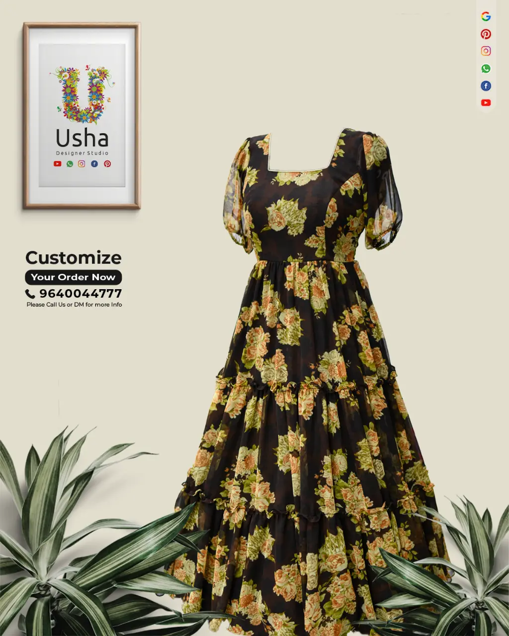 Tailor-Made Indo-Western Floral Georgette Frock | Custom Square Neck Balloon Sleeve Dress Vijayawada Tailor-made Indo-Western floral georgette frock with square neck and balloon sleeves by Usha Designer Studio, Vijayawada