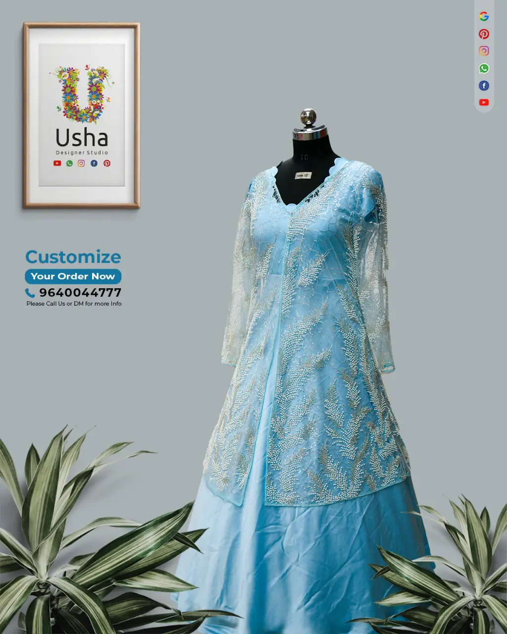 Tailor-Made Long Frock with Scalloped Neckline & Bracelet Sleeve Overcoat – Usha Designer Studio, Vijayawada Sky blue long frock with scalloped neckline and sheer embroidered bracelet sleeve overcoat – custom ethnic wear by Usha Designer Studio.