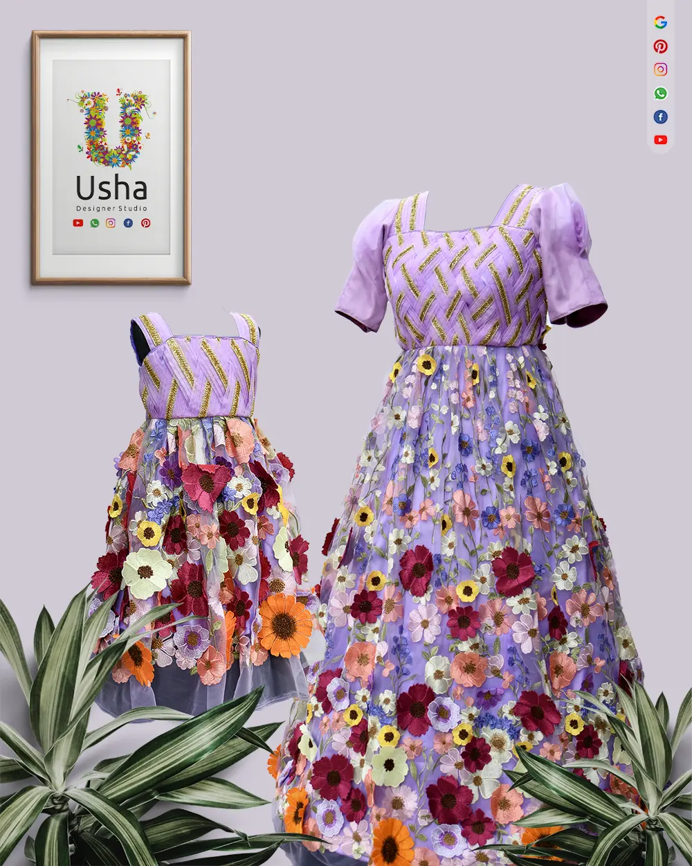 Tailor-made mom and daughter combo long frock set in lilac with 3D floral fabric, curated by Usha Designer Studio Vijayawada.
