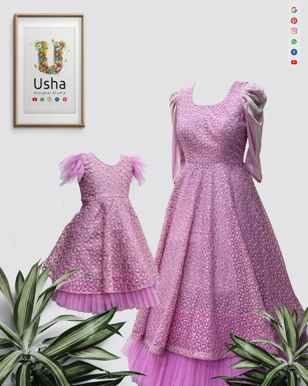 Pink Chikankari embroidery mom and daughter designer frock combo with pleated softnet hem, cowl sleeves, and ruffle sleeves by Usha Designer Studio, Vijayawada.