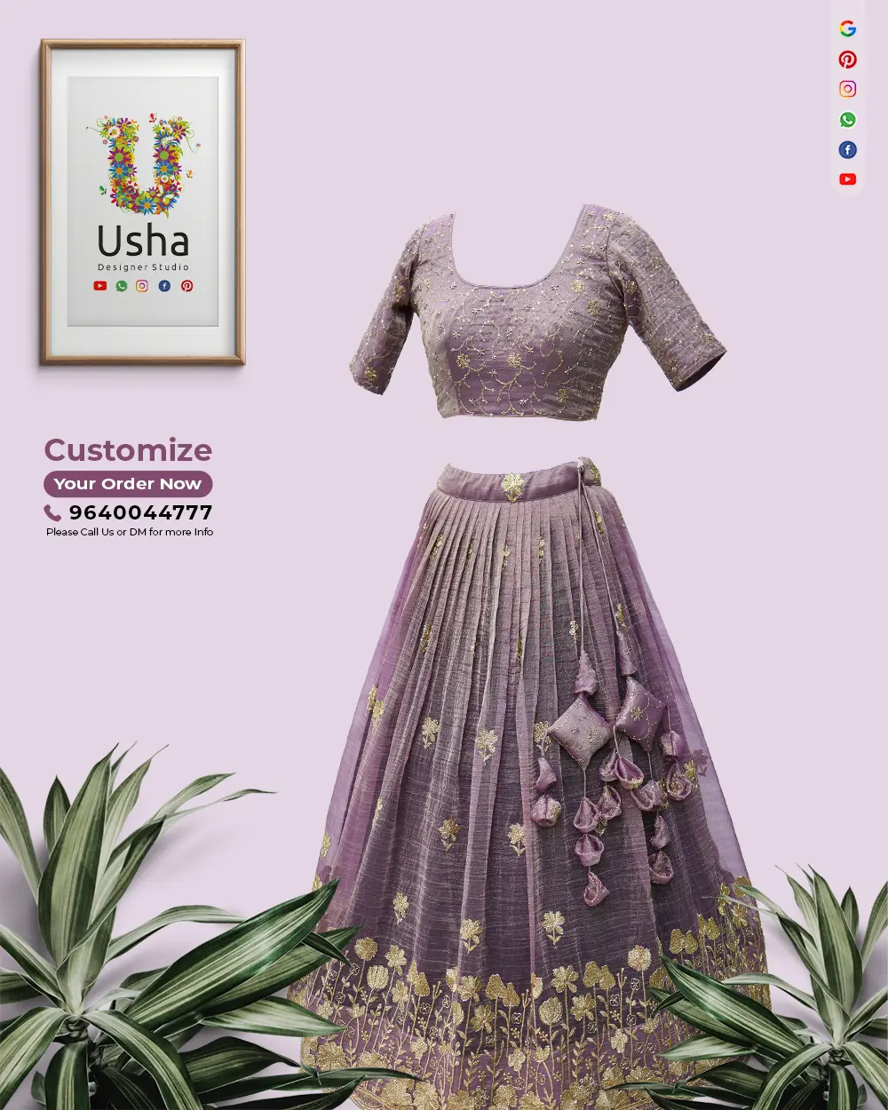 Tailor-Made Onion Pink Crop Top Lehenga with Gold Floral Embroidery – Usha Designer Studio Vijayawada Onion Pink Crop Top Lehenga with gold floral embroidery, sequins, U-neck choli, elbow sleeves, half-inch pleats, and handcrafted heavy latkans – Usha Designer Studio Vijayawada