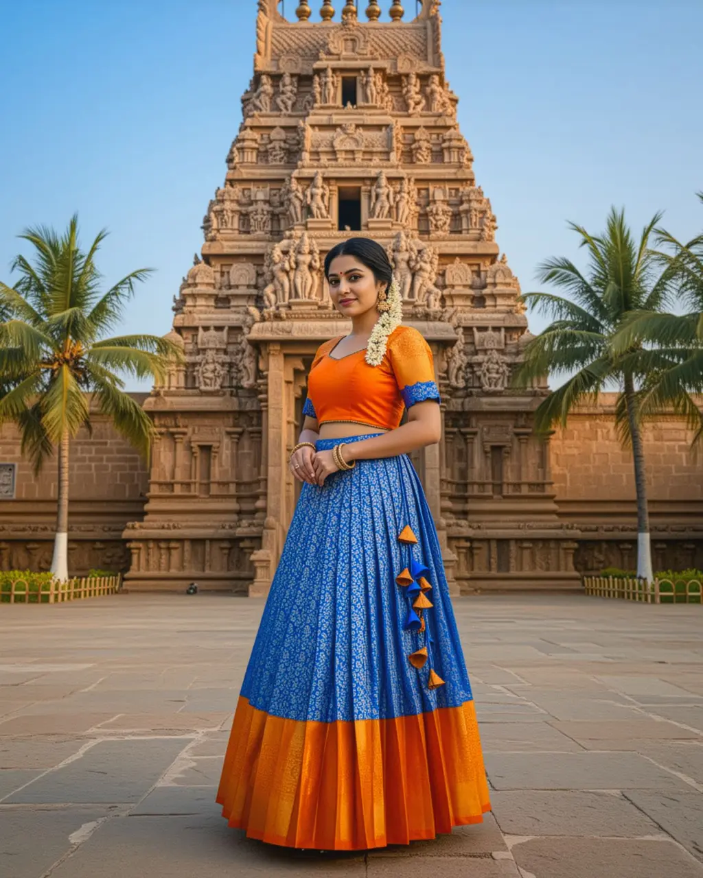 Orange crop top with scalloped neckline and sleeves paired with royal blue lehenga with 1-inch pleats, orange border, and handcrafted latkans by Usha Designer Studio Vijayawada