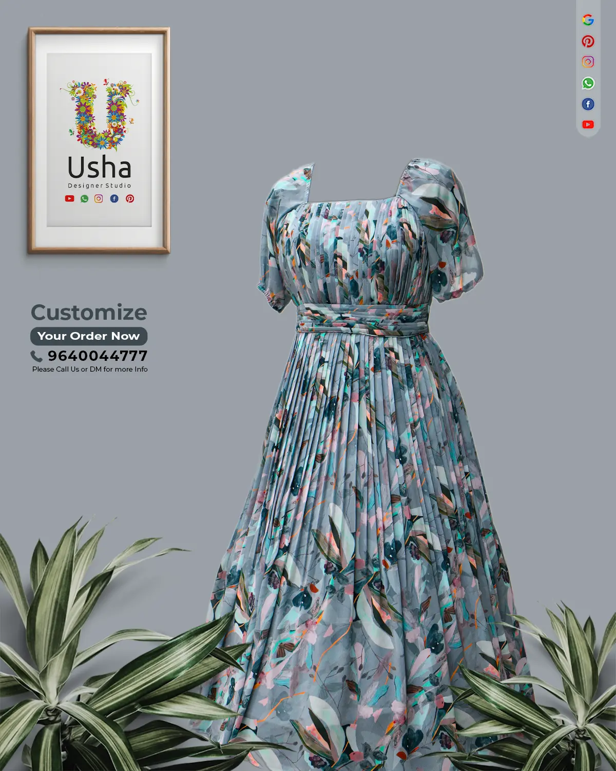 Saree to Calf-Length Pleated Frock – Custom Indo-Western Dress by Usha Designer Studio, Vijayawada. Custom Indo-Western calf-length pleated frock, upcycled from blue floral georgette saree with U-neck, balloon sleeves, 1-inch pleats, and pleated waist belt by Usha Designer Studio, Vijayawada.