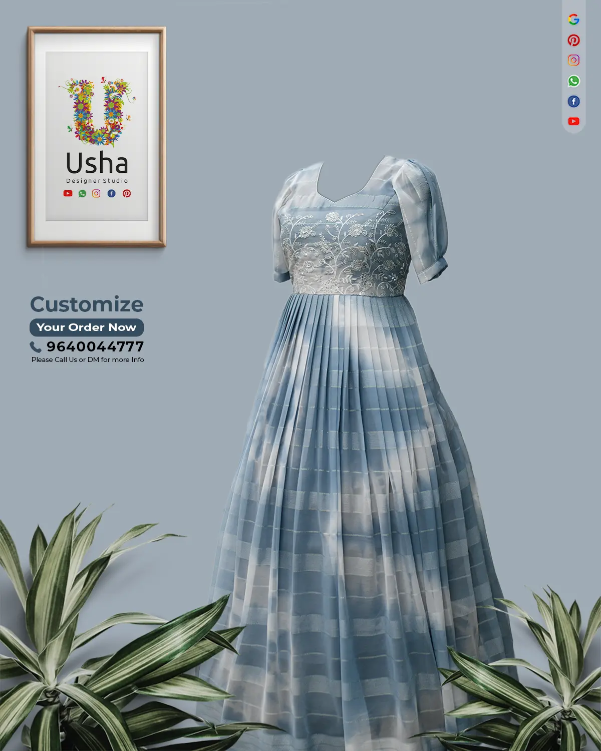 Up-cycled Heirloom Georgette Saree to Signature Long Frock | Custom Tailoring Vijayawada Handcrafted blue georgette long frock with heirloom floral embroidery, pleated gera, custom U-neck and balloon sleeves—upcycled from saree by Usha Designer Studio, Vijayawada.