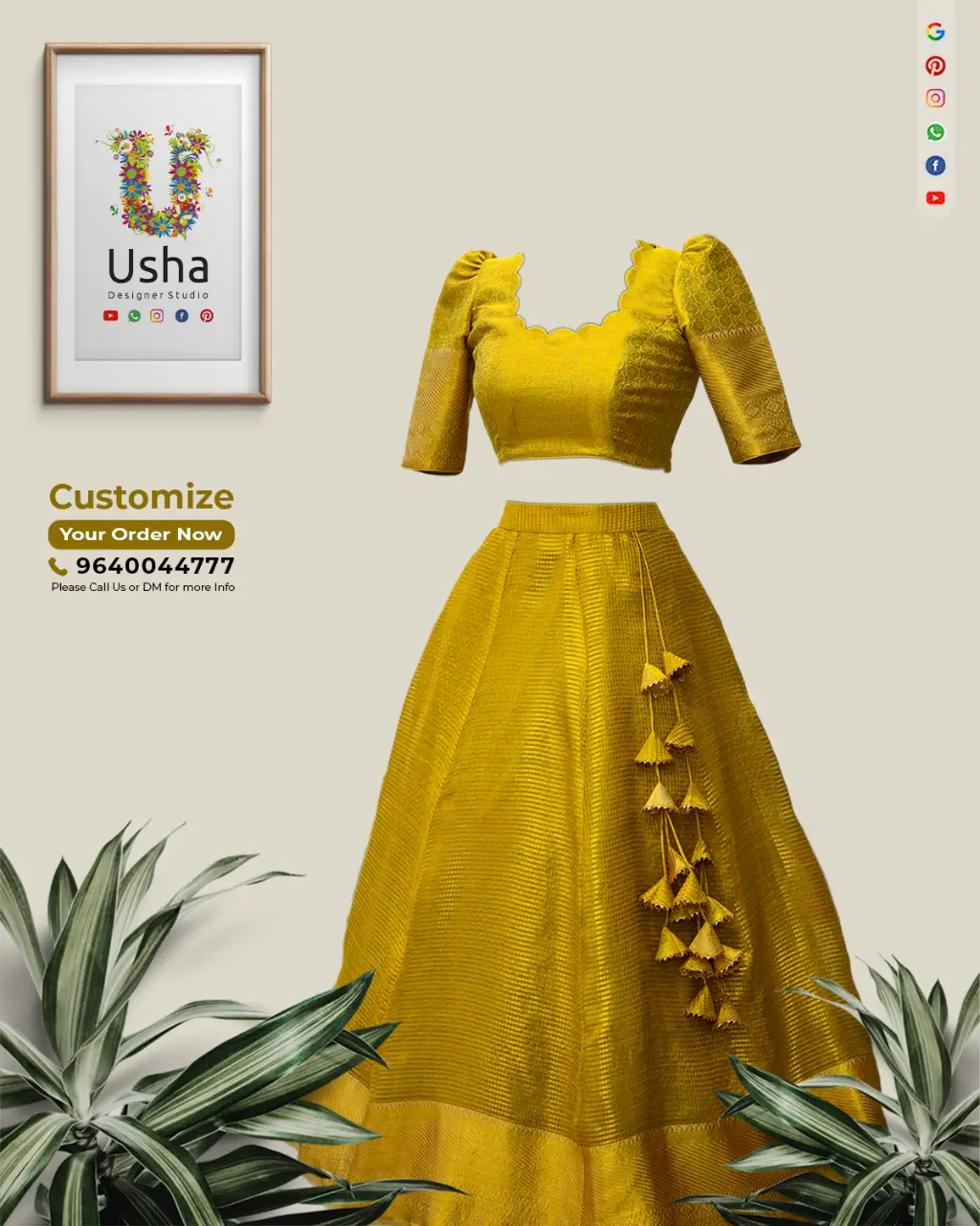 Heirloom Zari Kota Saree to Designer Crop Top Lehenga | Usha Designer Studio Vijayawada Customized yellow crop top lehenga made from pure gold zari Kota saree featuring scalloped neck, puffed elbow sleeves, pleated skirt, handcrafted latkans, by Usha Designer Studio Vijayawada