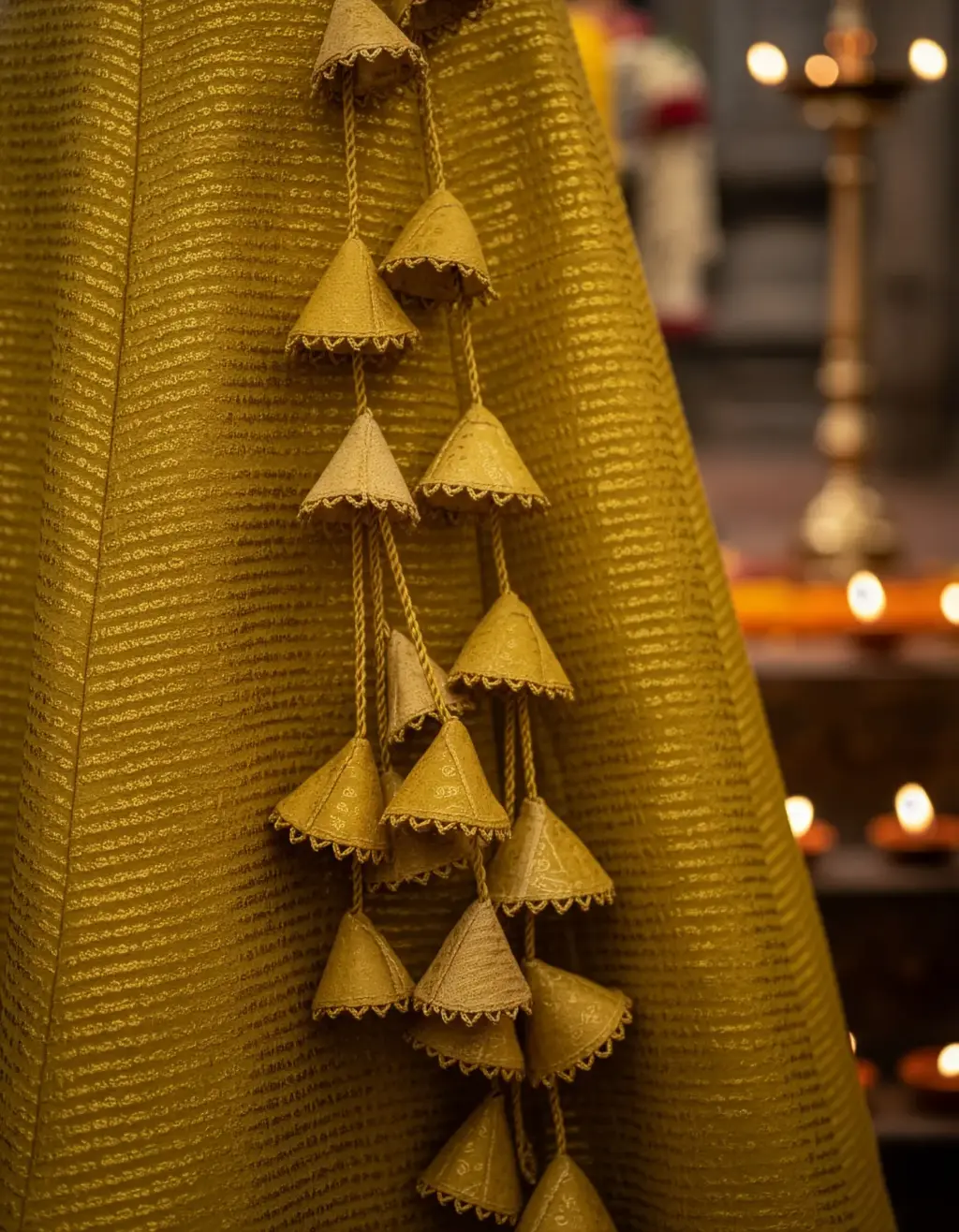 Customized yellow crop top lehenga made from pure gold zari Kota saree featuring scalloped neck, puffed elbow sleeves, pleated skirt, handcrafted latkans, by Usha Designer Studio Vijayawada