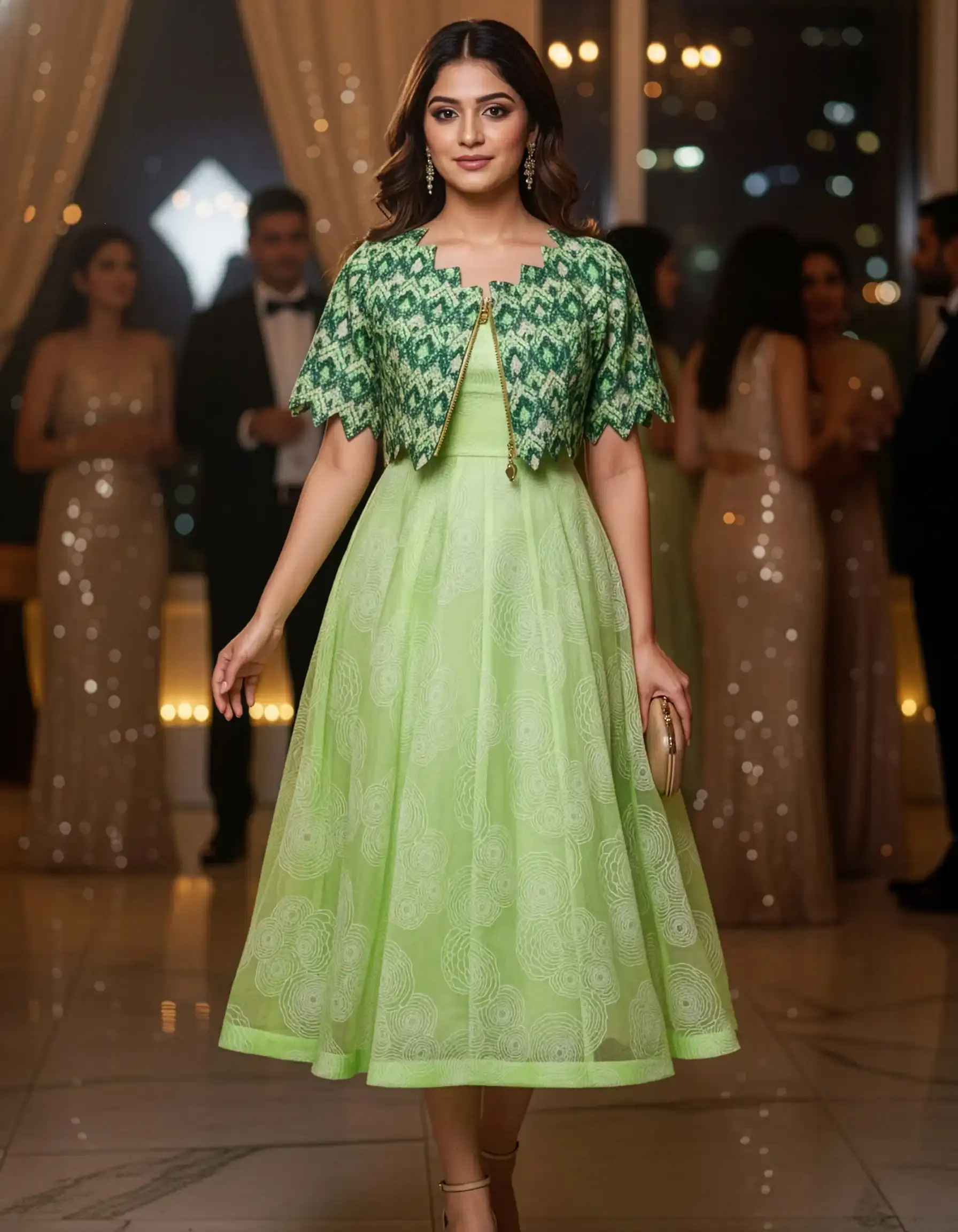 Calf-length light green Chanderi Indo-Western frock with a green scalloped-edge overcoat, custom-stitched at Usha Designer Studio, Vijayawada.