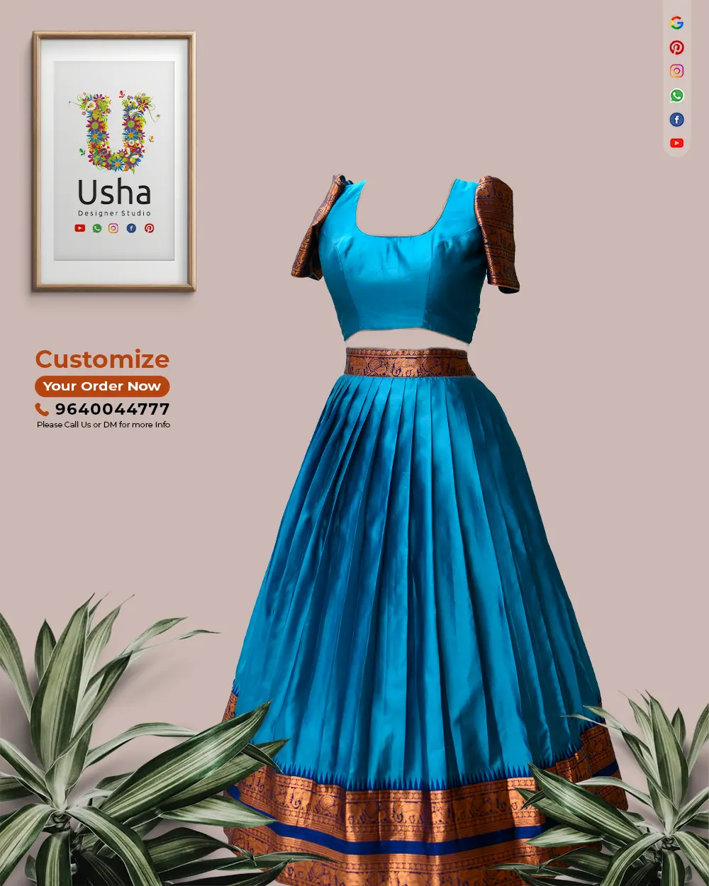 Tailor-Made Crop Top Lehenga with Pure Pattu Saree | Usha Designer Studio Vijayawada Tailor-made blue pure pattu crop top lehenga with U-neck blouse and 1-inch pleated skirt, designed by Usha Designer Studio, Vijayawada.