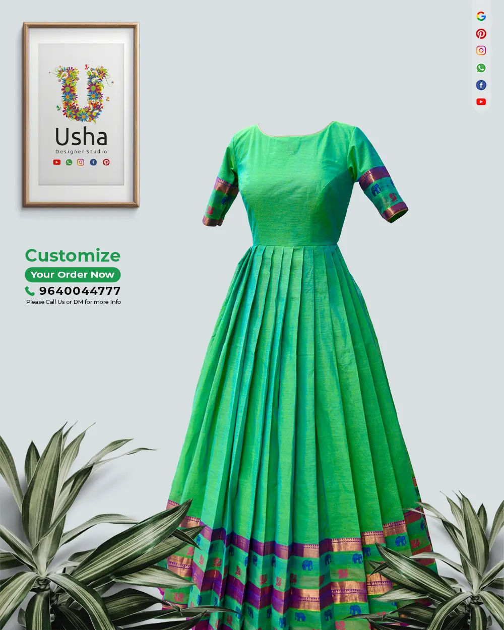 Tailor-Made Long Frock in Narayanapet Fabric | Custom Boat-Neck Pleated Dress – Usha Designer Studio, Vijayawada Green boat-neck long frock with elbow sleeves and 1-inch pleats, crafted from Narayanapet cotton by Usha Designer Studio, Vijayawada.