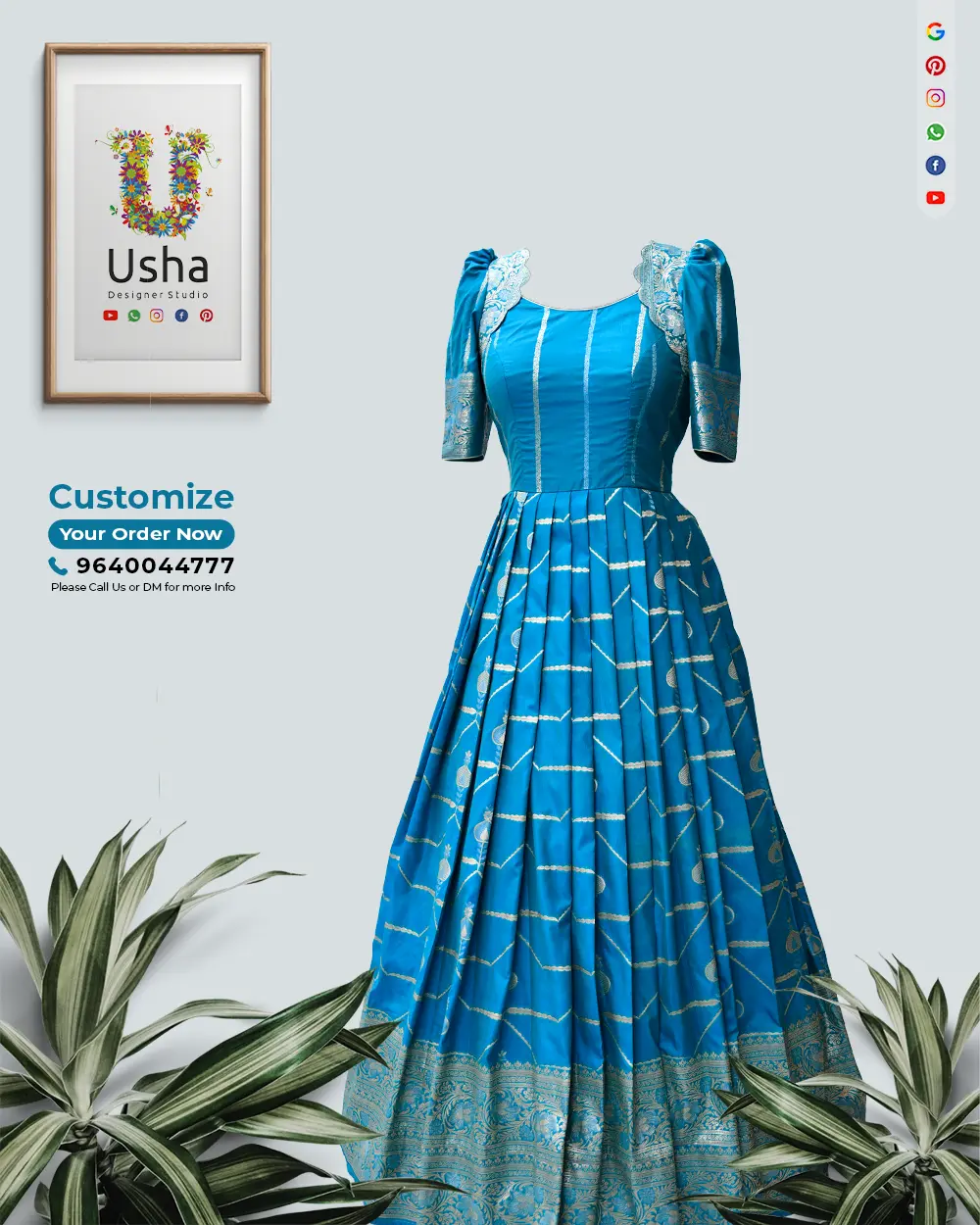 Discover the vibrant turquoise blue pure Kanchi Pattu saree transformed into a designer long frock featuring flowy pleated skirt, scalloped-edge neckline, and puffed long sleeves. Sustainable, upcycled, and artisanal—crafted for exclusive style.