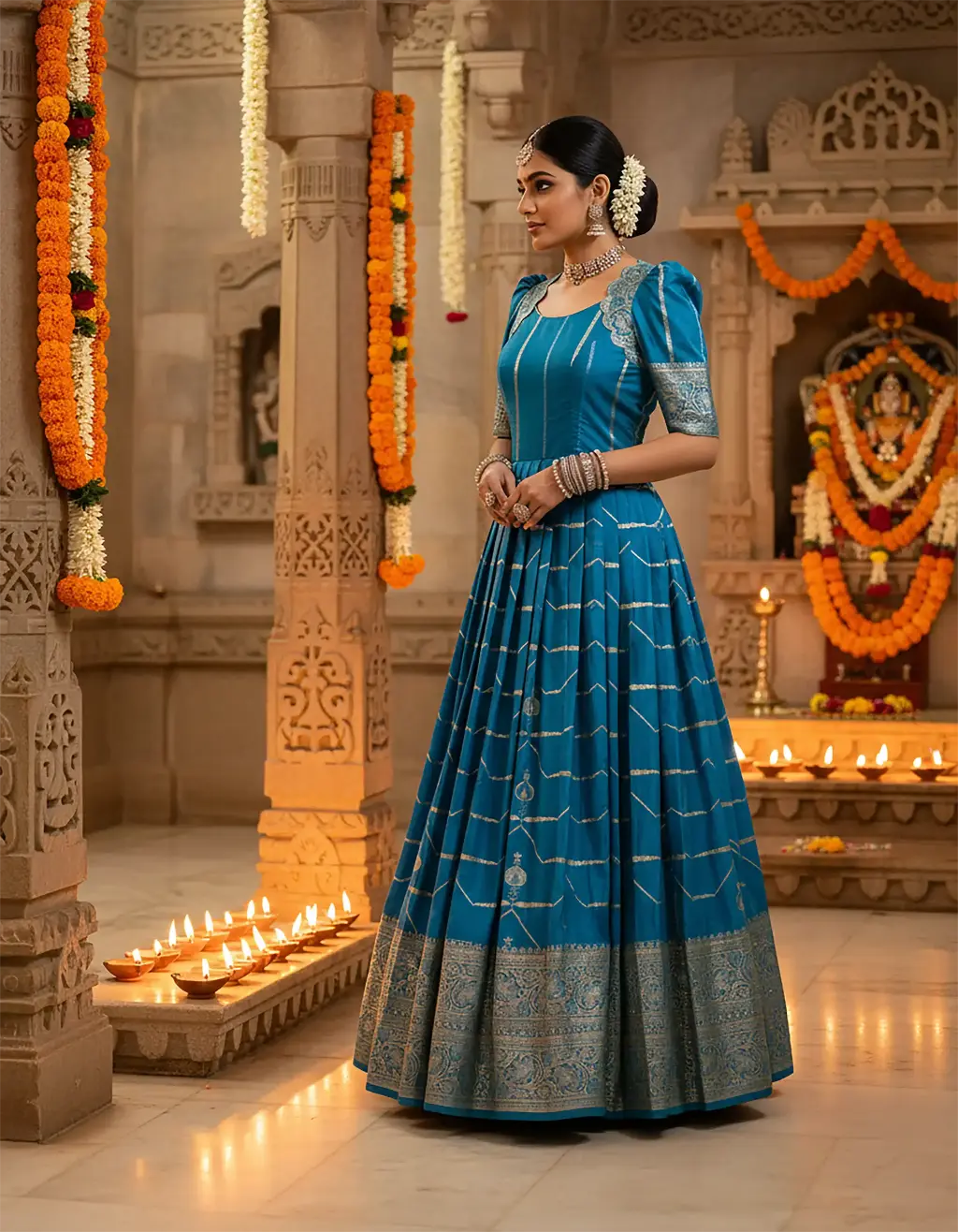 Discover the vibrant turquoise blue pure Kanchi Pattu saree transformed into a designer long frock featuring flowy pleated skirt, scalloped-edge neckline, and puffed long sleeves. Sustainable, upcycled, and artisanal—crafted for exclusive style.