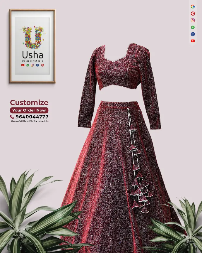 Designer crop top lehenga in wine-red sequin embroidery fabric with diamond neckline, full bracelet sleeves, and handcrafted latkans by Usha Designer Studio Vijayawada.