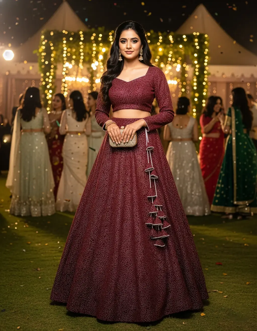 Designer crop top lehenga in wine-red sequin embroidery fabric with diamond neckline, full bracelet sleeves, and handcrafted latkans by Usha Designer Studio Vijayawada.